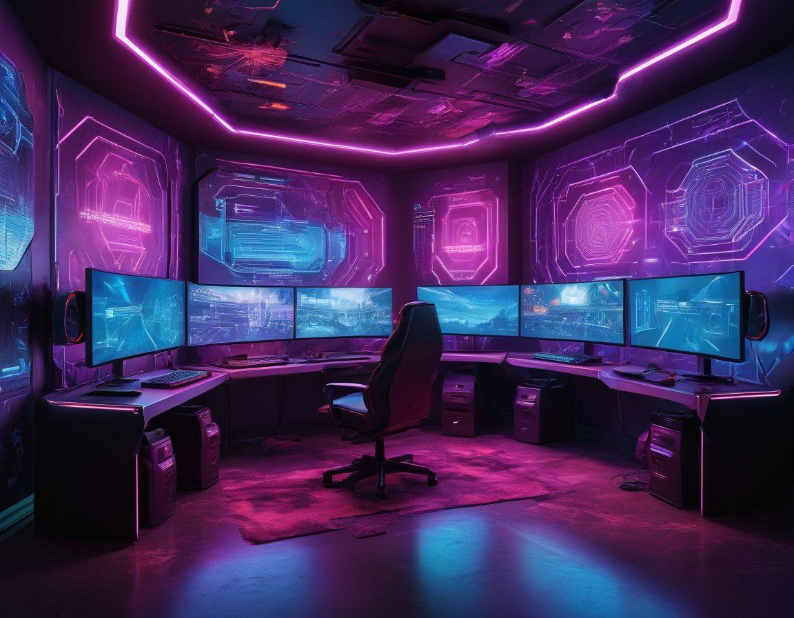 A vibrant and futuristic gaming setup showing a gamer intensely focused, surrounded by digital shields and locks symbolizing protection and security. The room is illuminated with neon lights, and various gaming paraphernalia is scattered around, representing a safe and immersive gaming environment. The background features a digital web pattern signifying the 'web of protection'. super-realistic. vibrant colors. cyberpunk.