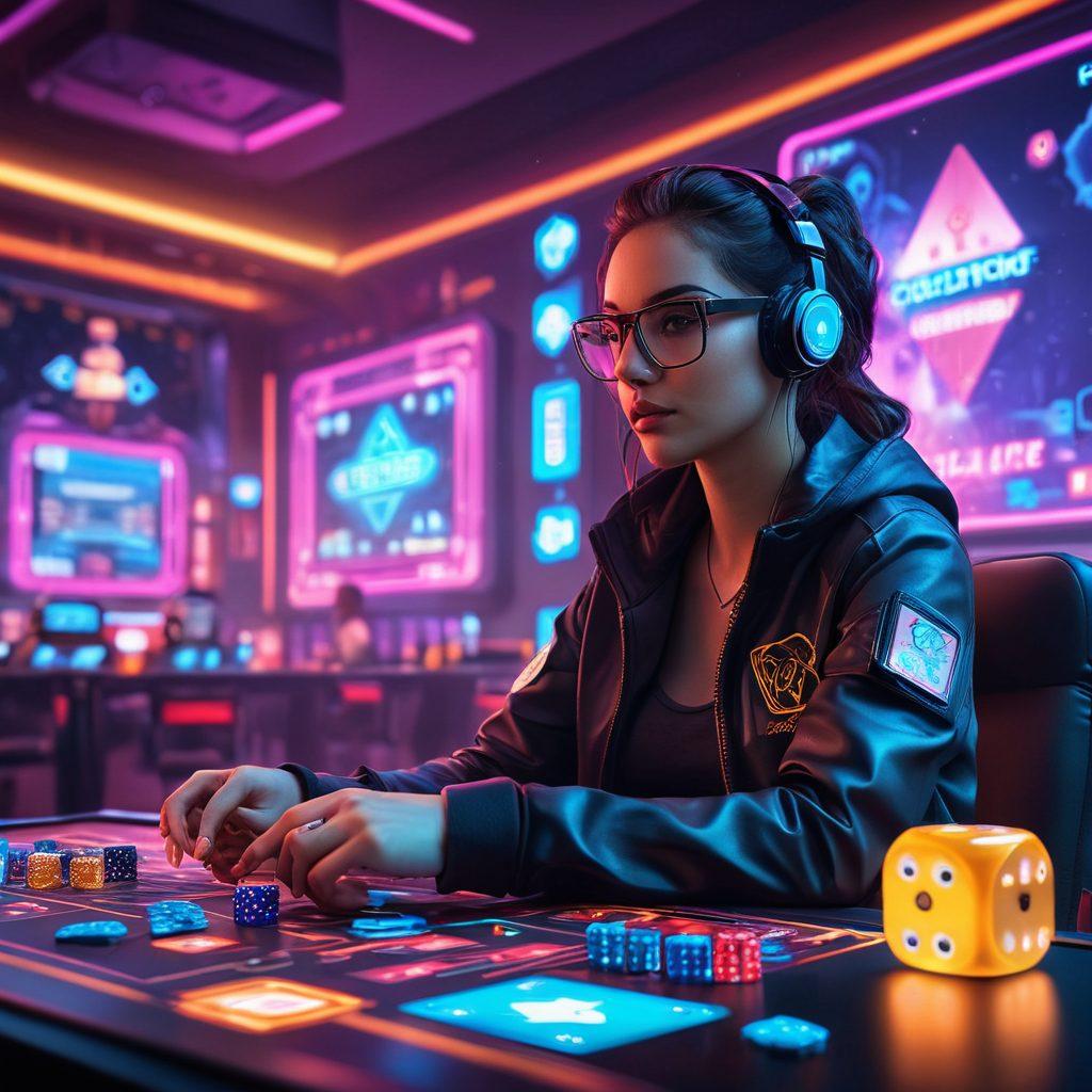 A dynamic scene illustrating a gamer intensely engaged in an online casino environment, surrounded by floating icons of dice, cards, and insurance symbols. Include a digital overlay showing statistics and protective shields, emphasizing the idea of safety in gaming. The background features bright neon colors and a futuristic vibe, capturing the thrill of extreme gaming. 3D. vibrant colors. cyberpunk.