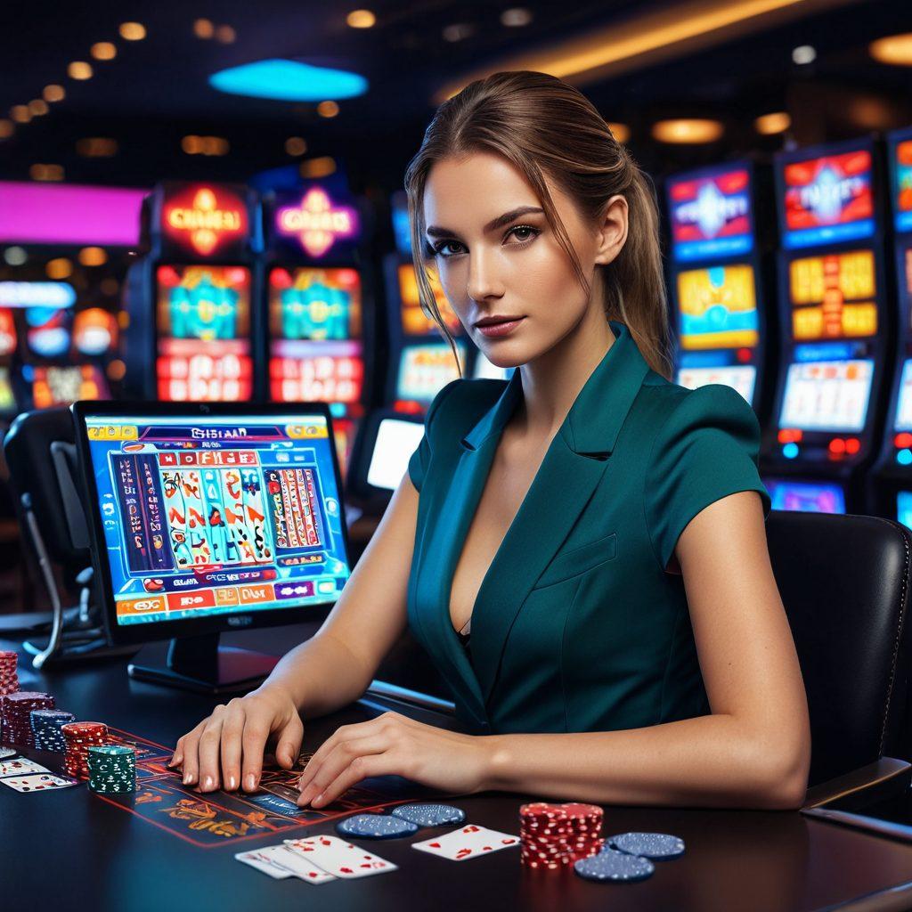 A confident individual sitting in front of a computer, engaging with an online casino interface showcasing various betting games, surrounded by symbols of digital insurance, such as shields and secure locks. The atmosphere is vibrant, highlighting innovation and technology with neon colors. Include elements of casino culture like poker chips and card decks subtly in the background. super-realistic. vibrant colors. digital art.